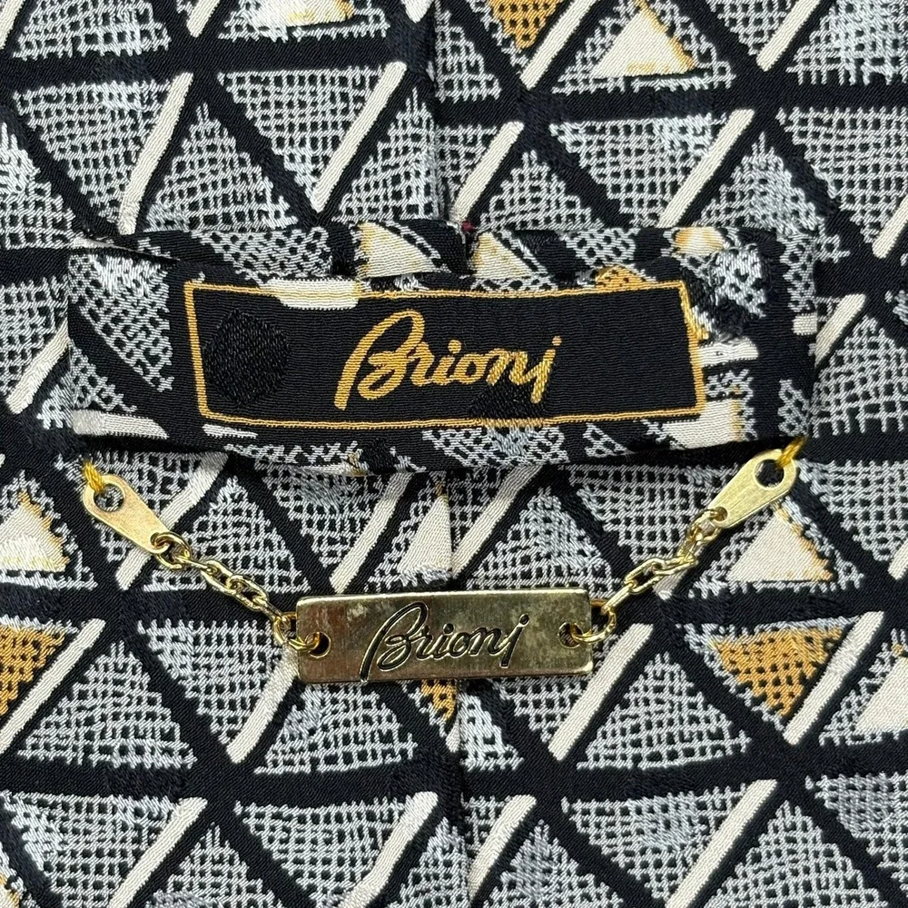 Brioni 100% Silk Necktie Mens Gray Gold Geometric Handmade Italy Tie 4x61